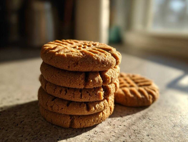 A stack of four perfectly textured Easy Peanut Butter Cookies with fork marks, sitting on a counter in warm sunlight.