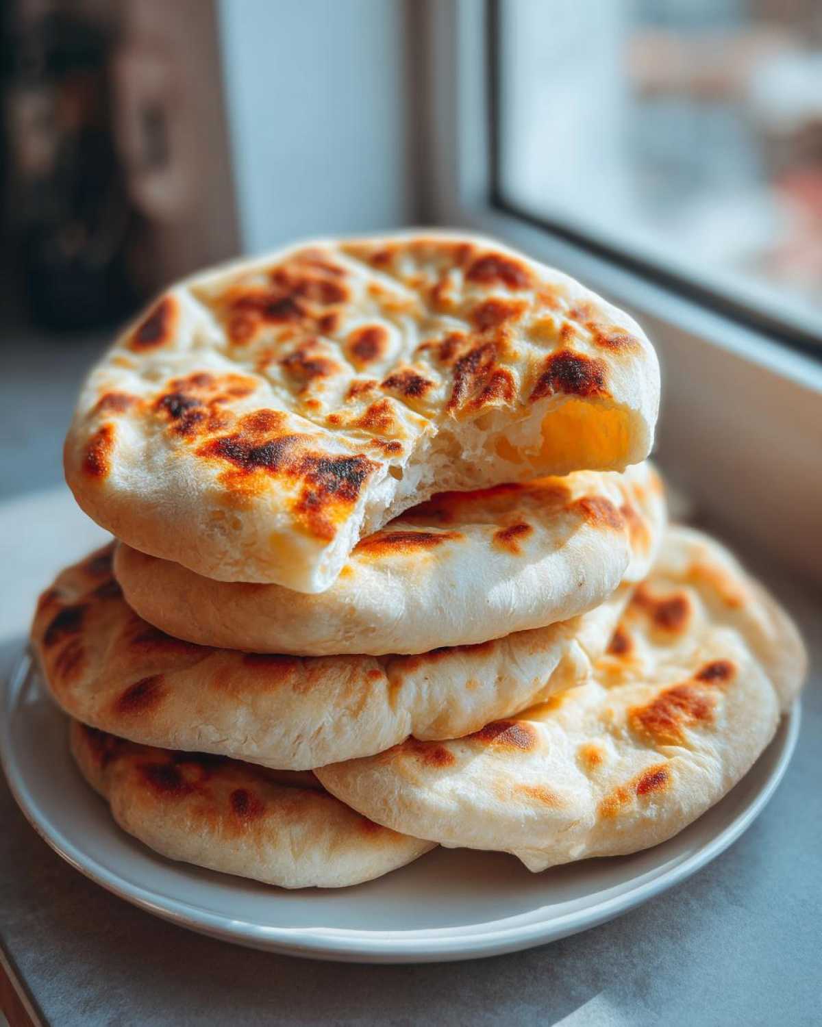 A stack of fluffy, freshly cooked pita bread, with the top one broken open to show the soft interior.