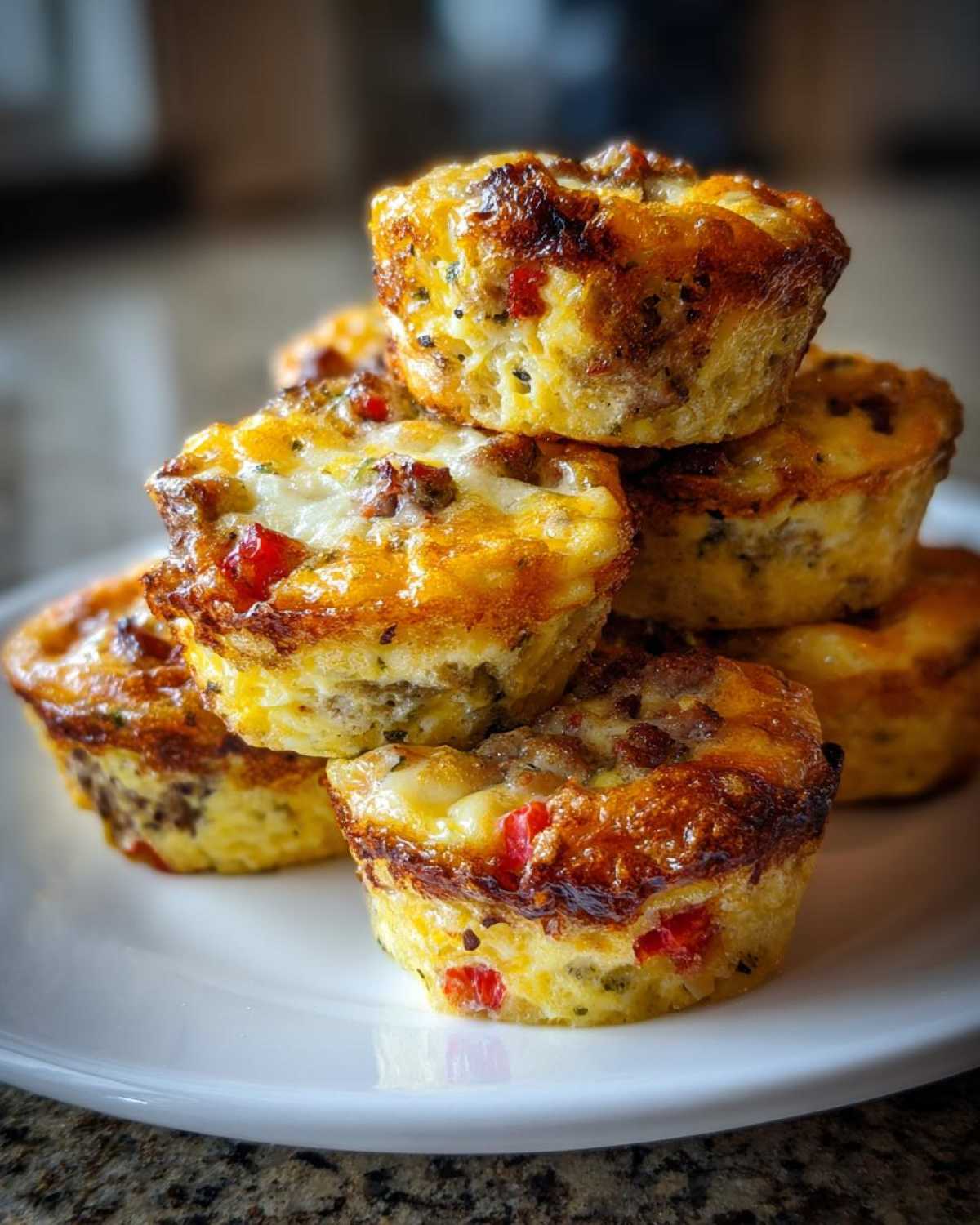 A close-up stack of golden brown Egg Muffin Cups filled with sausage and red peppers on a white plate.