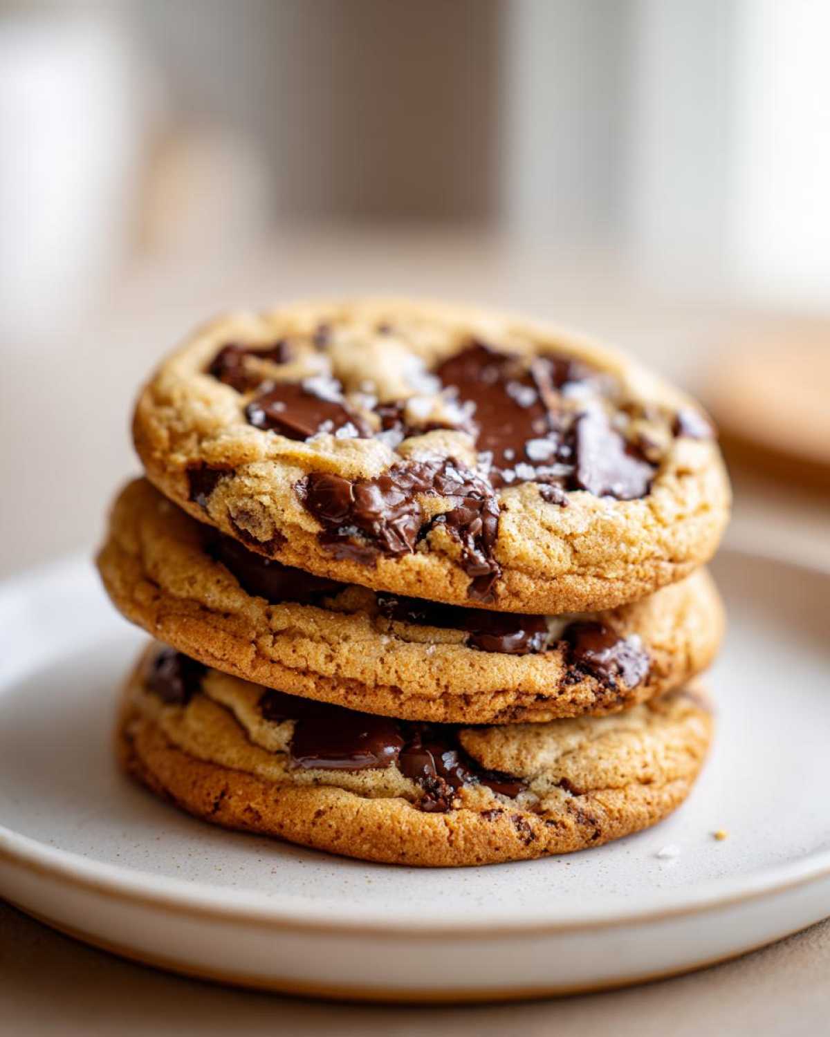 A stack of three freshly baked chocolate chip cookies topped with melted chocolate chunks and flaky sea salt.