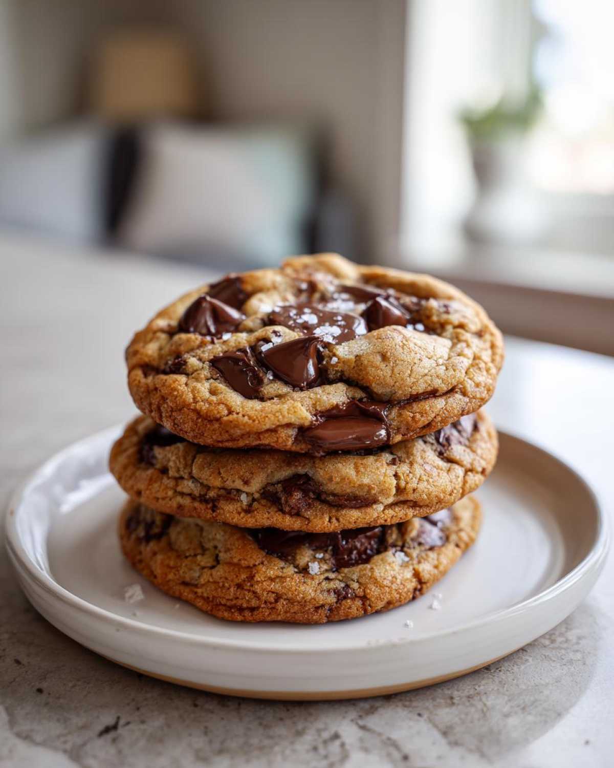 Three perfectly baked chocolate chip cookies stacked on a white plate, topped with melted chocolate chunks and flaky sea salt.