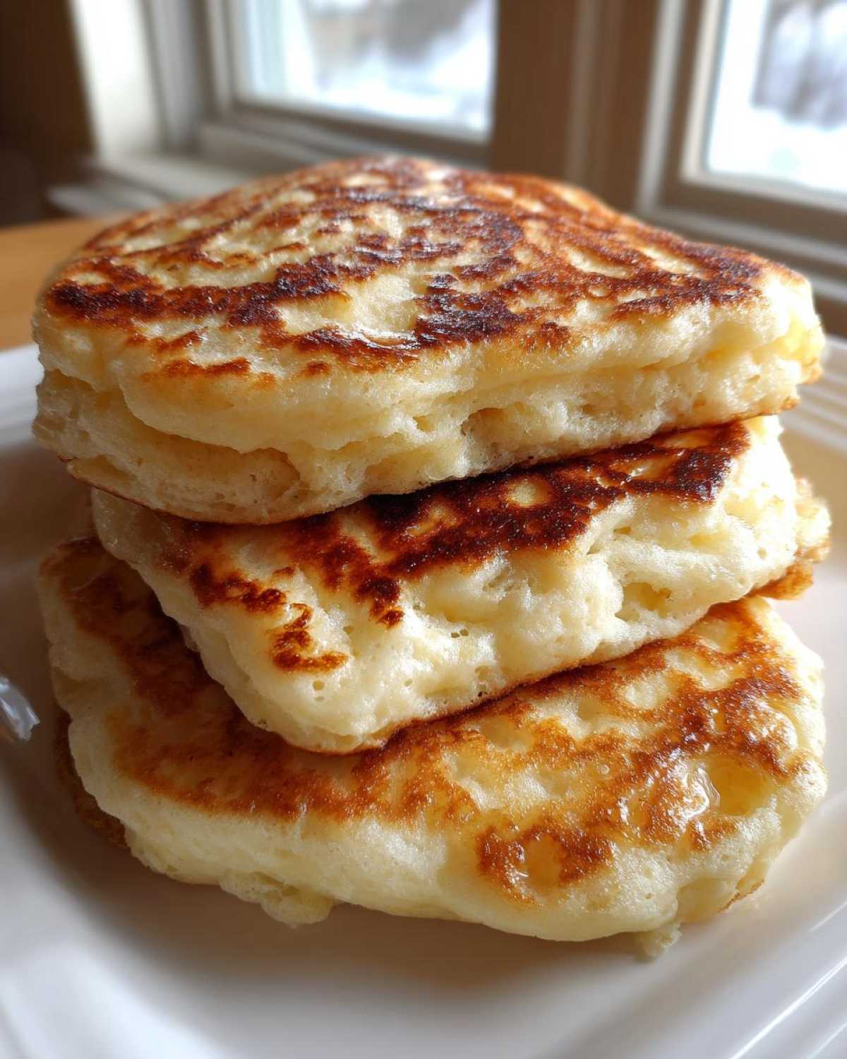 Close-up of a stack of three thick, fluffy pancakes with golden-brown, slightly crispy edges.
