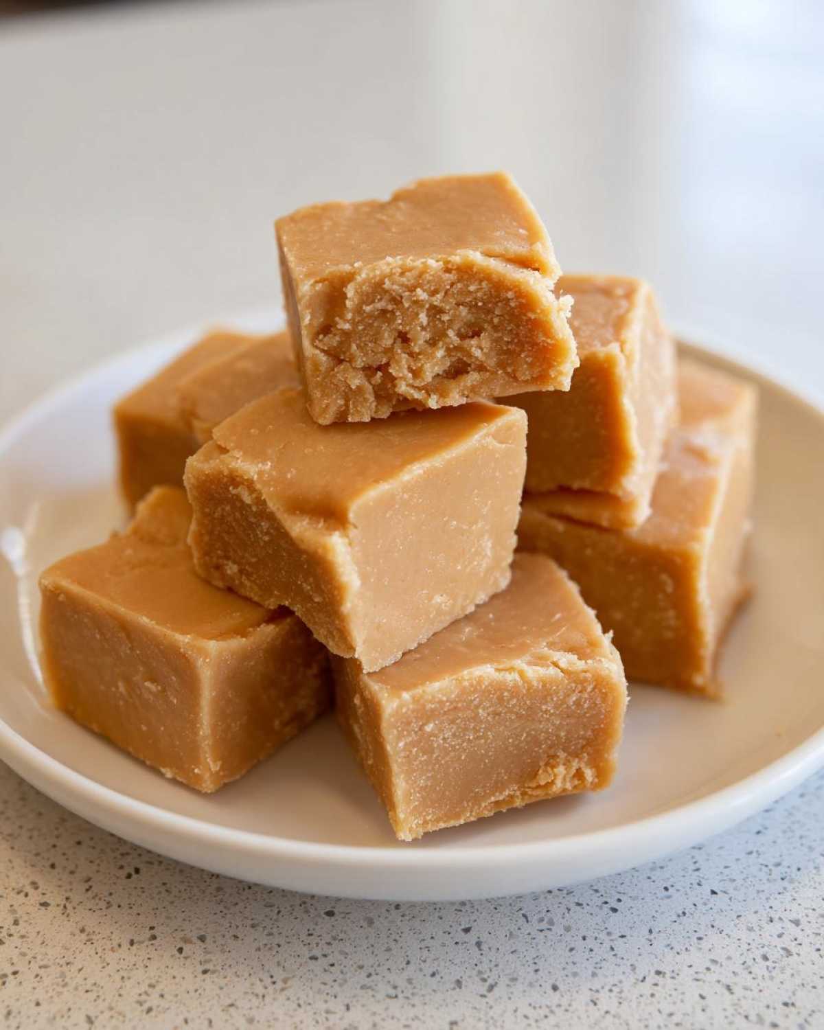 A stack of rich, light brown squares of homemade penuche fudge piled on a small white plate.