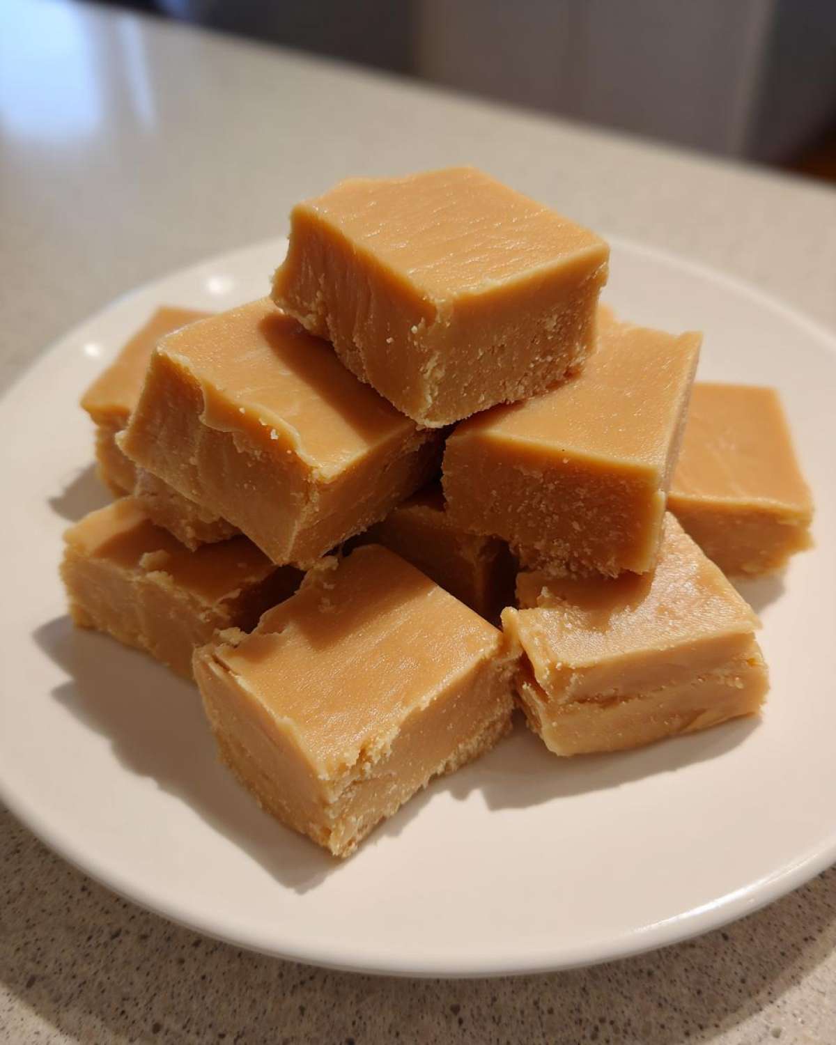 A stack of creamy, light brown squares of homemade penuche fudge piled on a white plate.