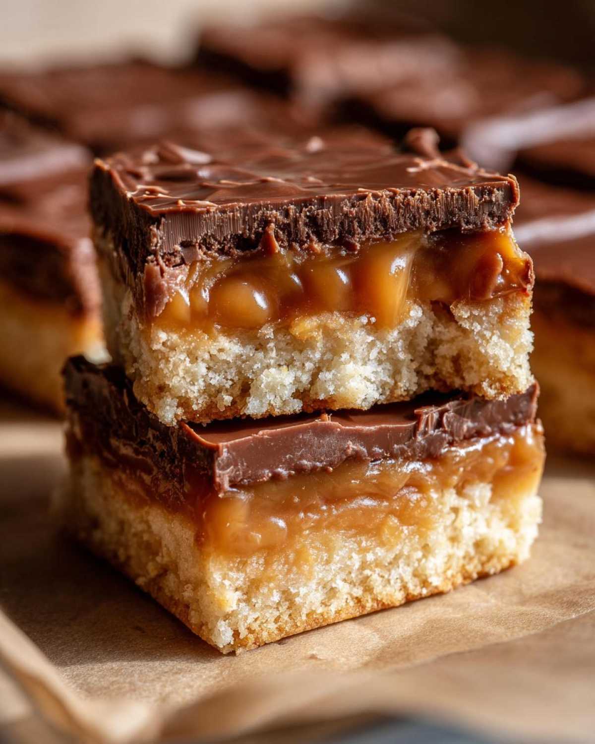 Two stacked squares of twix cookies showing the shortbread base, thick caramel layer, and chocolate topping.