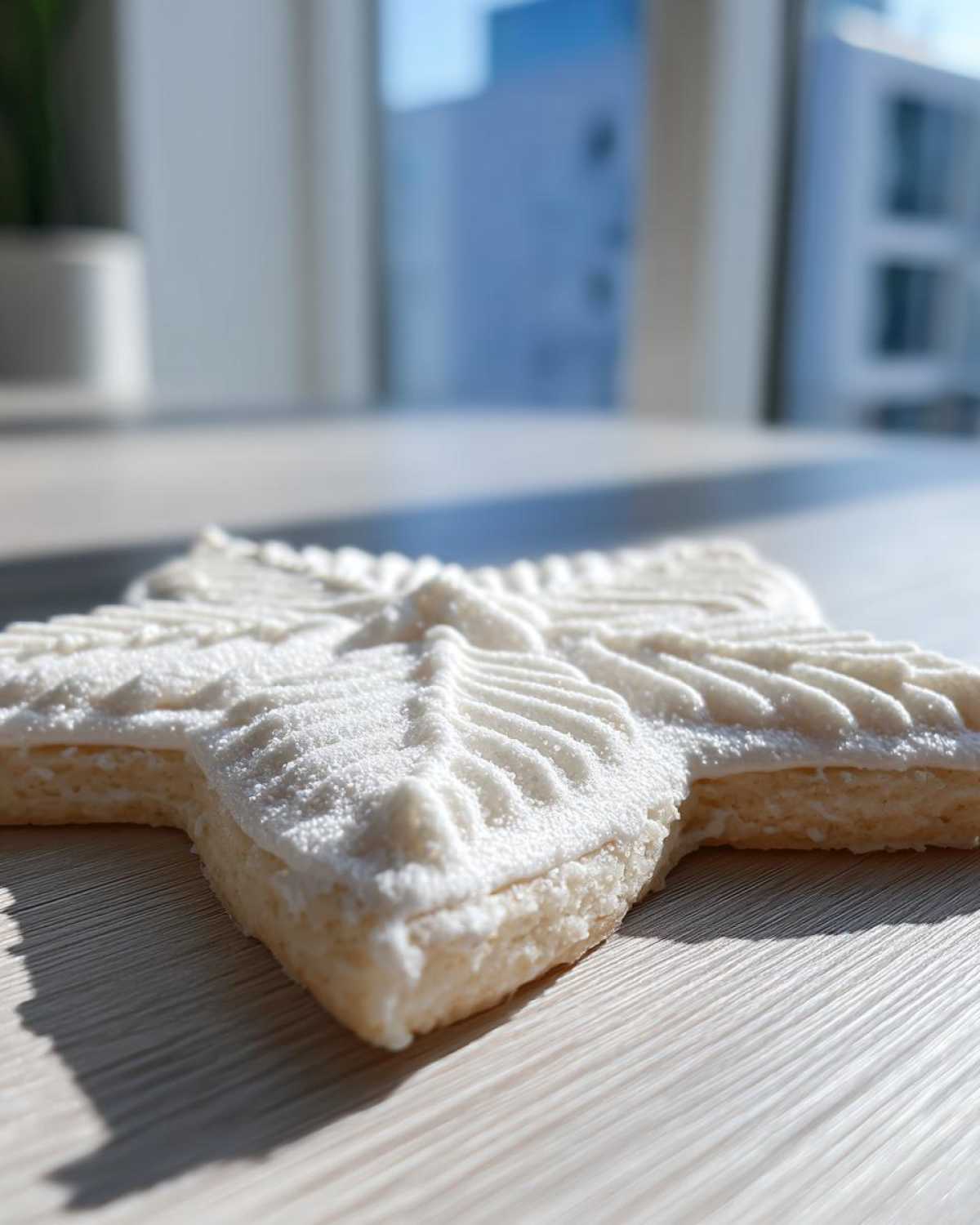 Close-up of a star-shaped sugar cookie decorated with piped white royal sugar cookie icing recipe details.