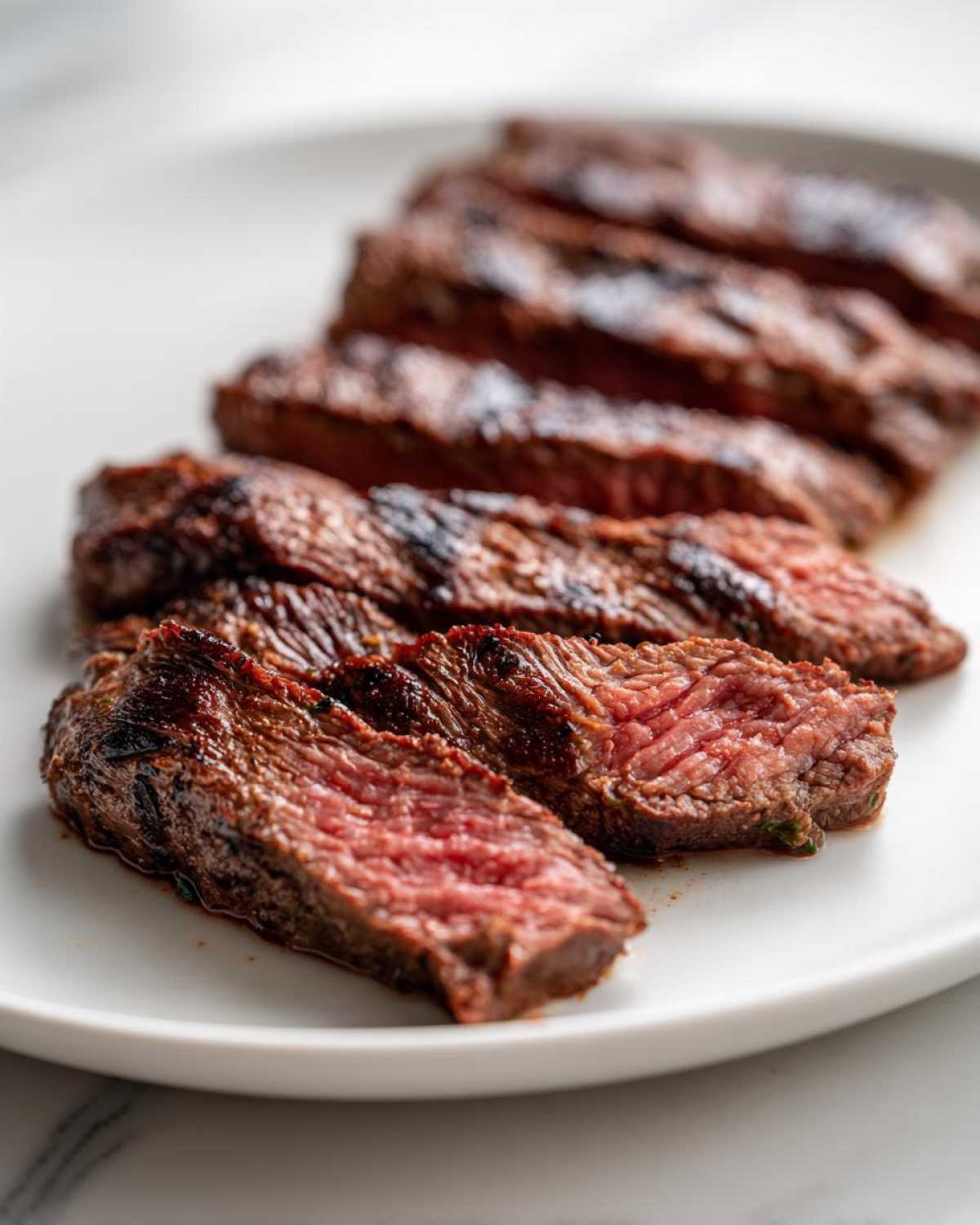 Slices of medium-rare steak, showing a juicy pink center, prepared with carne asada marinade.