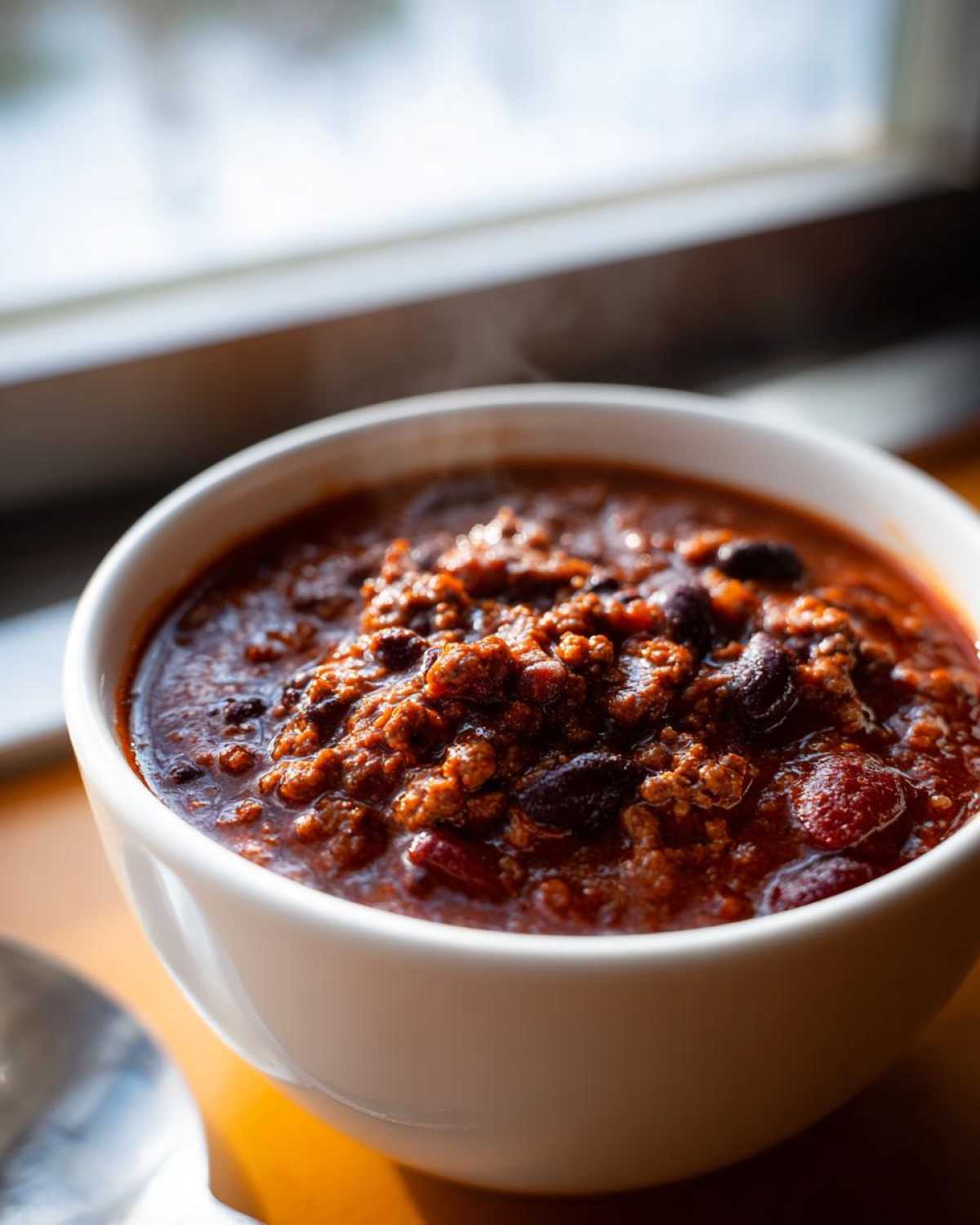 Close-up of a steaming white bowl filled with rich, dark red chili, featuring ground meat and kidney beans, highlighting the best chili recipe.