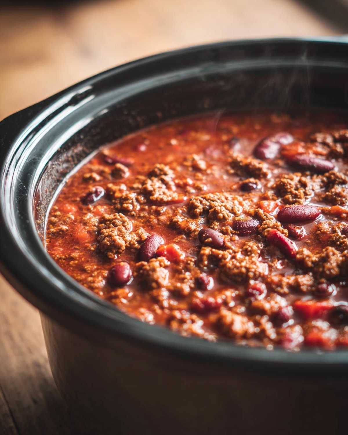 Close-up of rich, hearty crockpot chili with ground meat and kidney beans simmering inside a slow cooker.