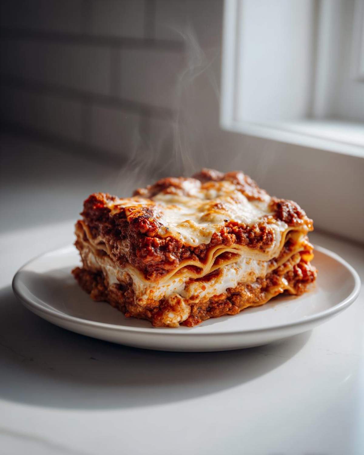 A perfectly layered, steaming hot slice of classic lasagna with rich meat sauce and melted cheese.