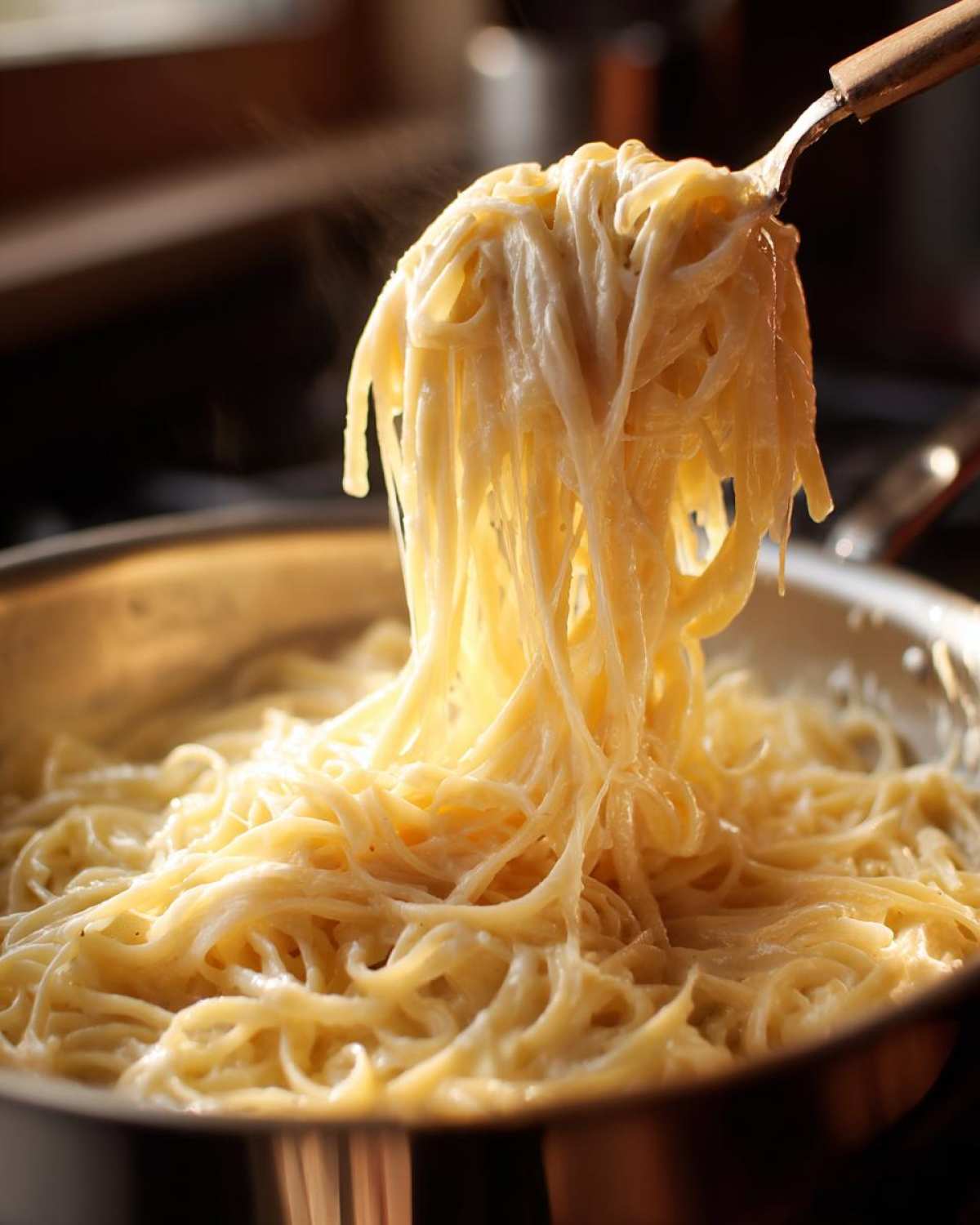 A fork lifts steaming spaghetti coated heavily in creamy Olive Garden Alfredo sauce from a skillet.