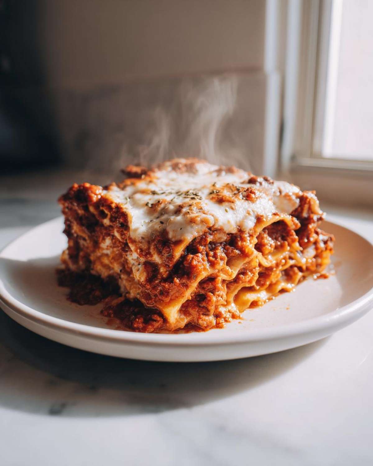 A tall, steaming slice of rich, meaty lasagna with melted cheese topping on a white plate.