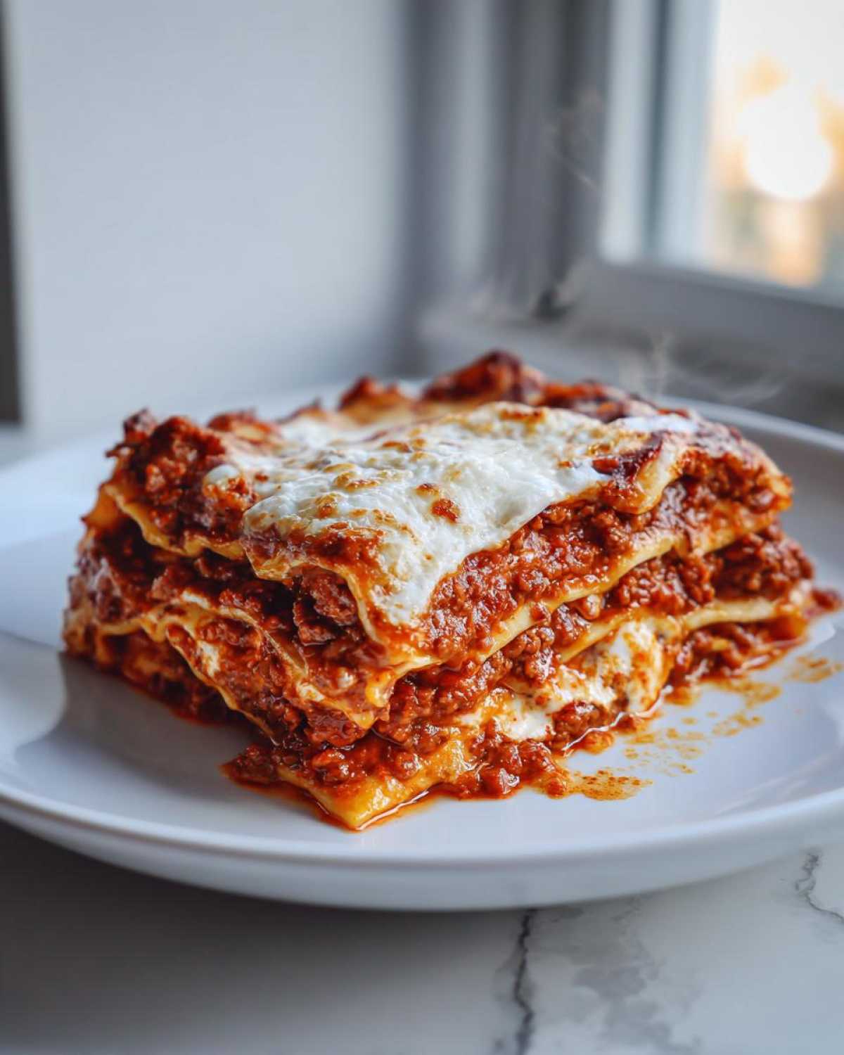 A tall, steaming slice of rich meat lasagna with melted cheese topping served on a white plate.