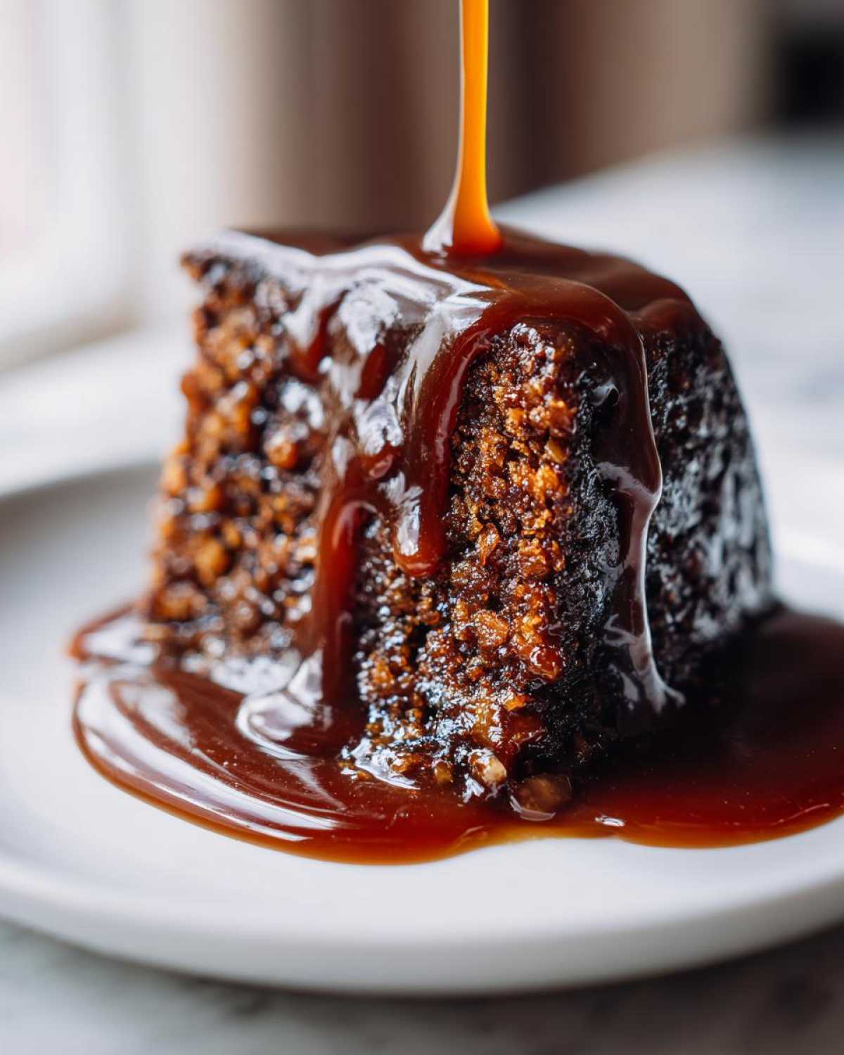 A close-up of a rich, dark slice of sticky toffee pudding recipe being drenched in warm toffee sauce.