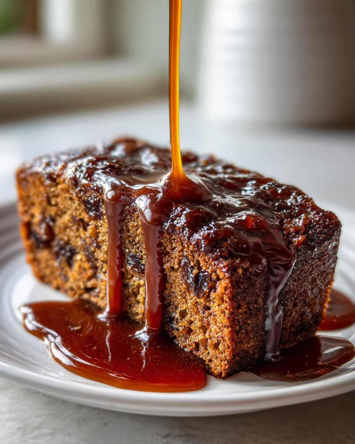Close-up of a slice of moist sticky toffee pudding recipe being drenched in rich, flowing toffee sauce.