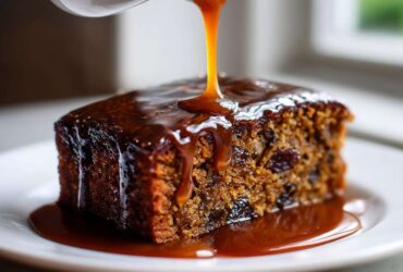 A close-up of a square slice of sticky toffee pudding recipe being drenched in rich caramel sauce from a white gravy boat.