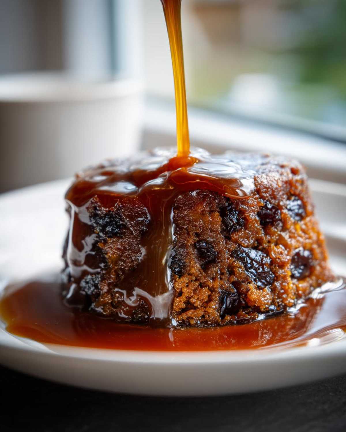 Close-up of a rich, dark sticky toffee pudding recipe being generously covered with golden toffee sauce.