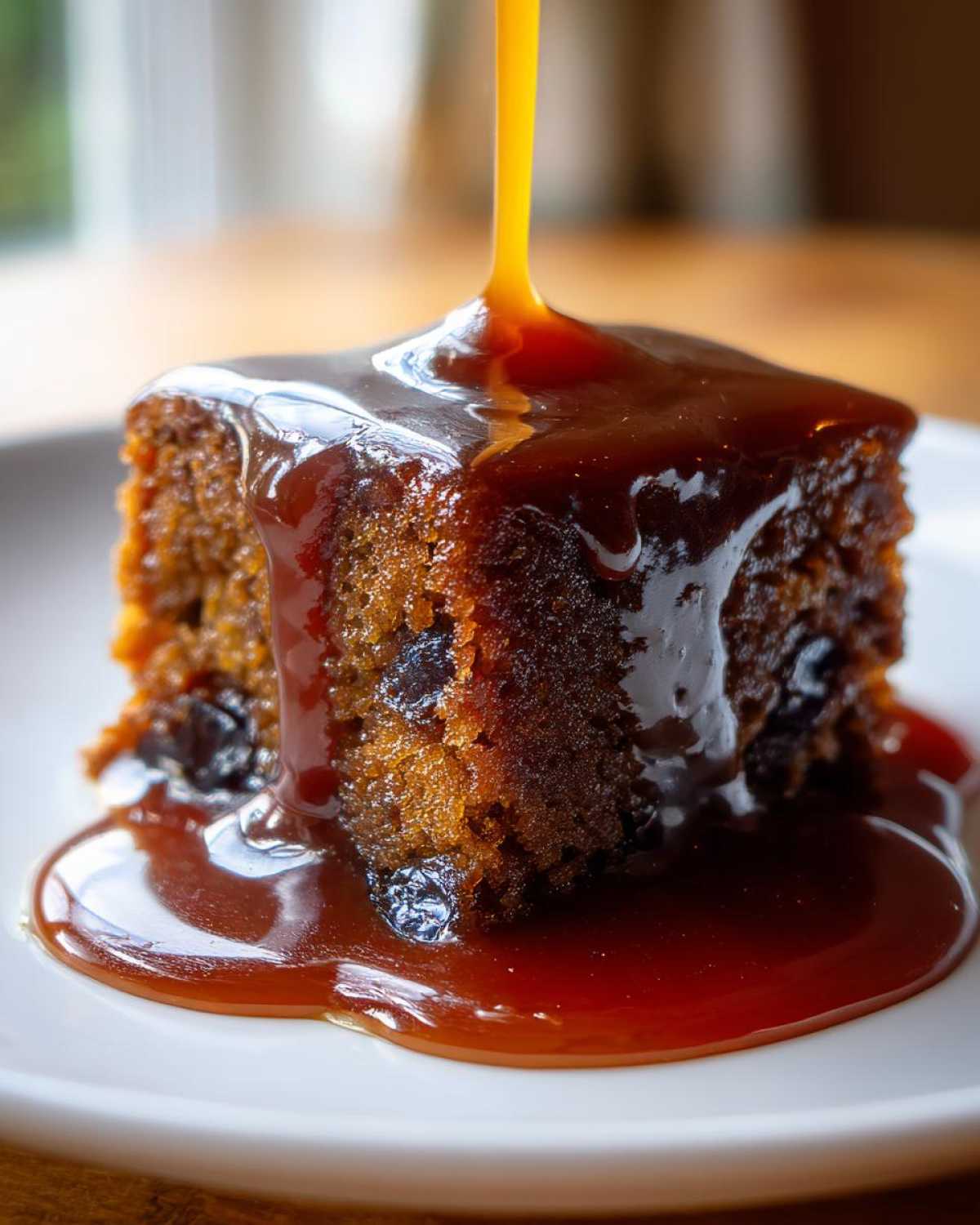 Close-up of a square slice of rich, dark sticky toffee pudding recipe being drenched in thick, glossy toffee sauce.