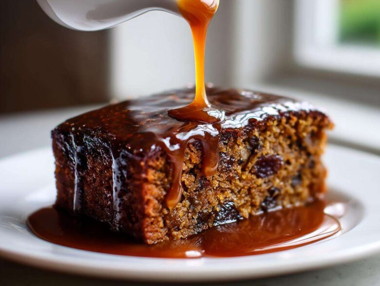 A close-up of a square slice of sticky toffee pudding recipe being drenched in rich caramel sauce from a white gravy boat.