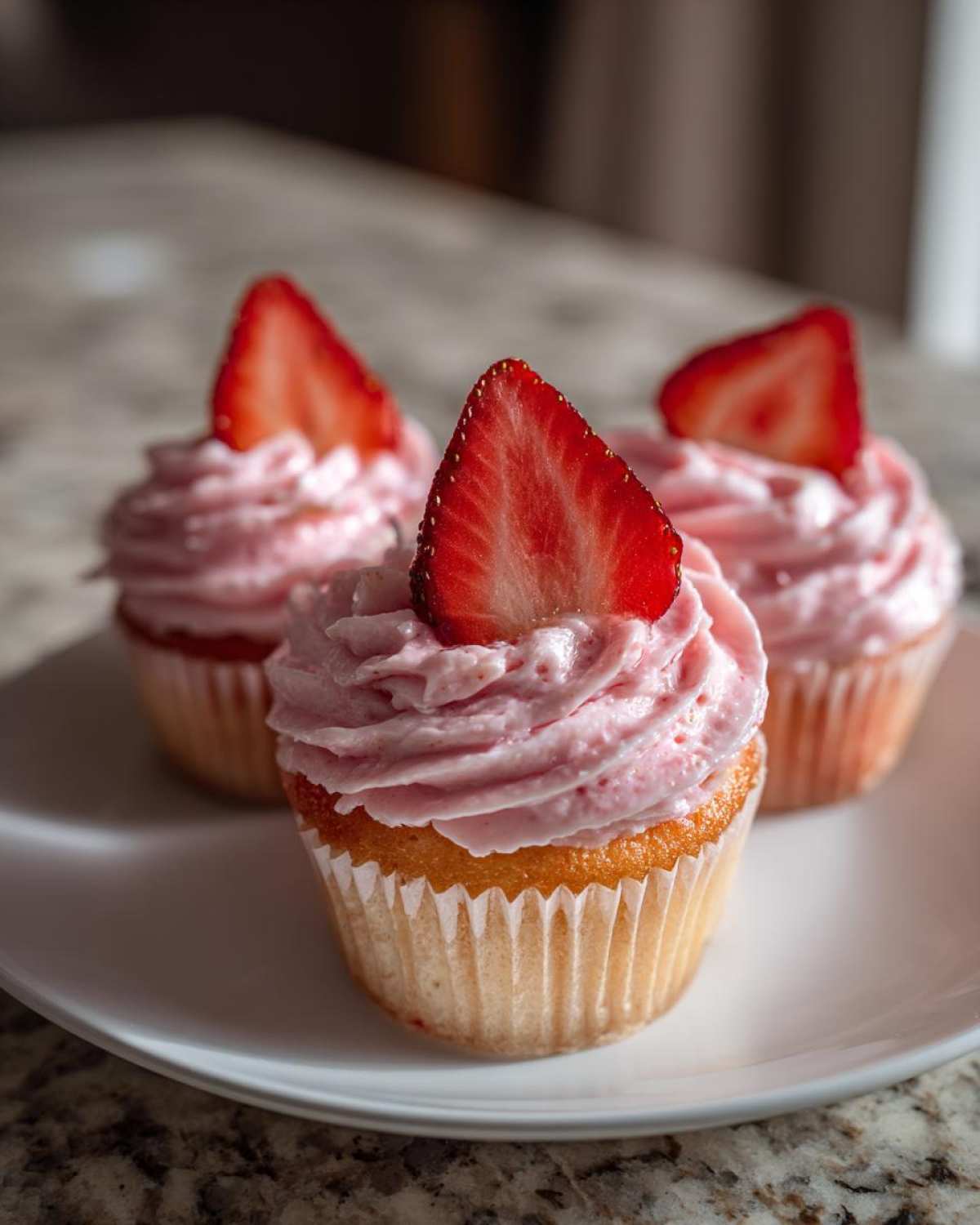 Three delicious strawberry cupcakes topped with pink frosting and a fresh strawberry slice, ready to eat.