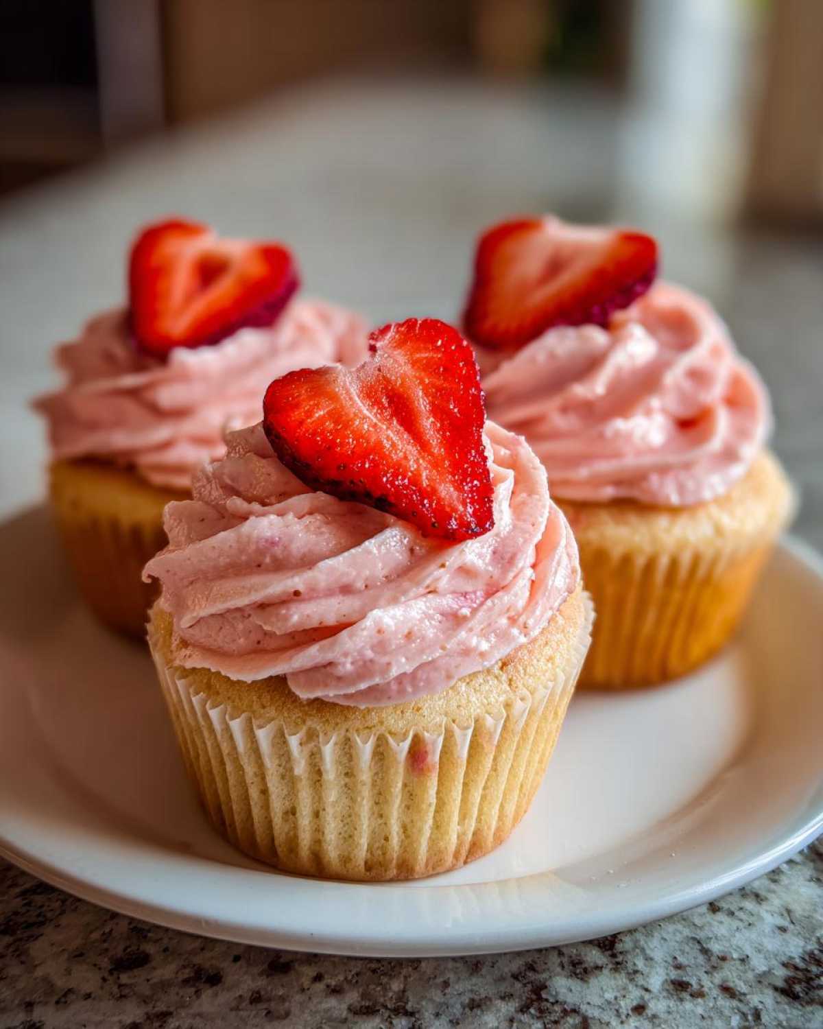 Three freshly baked strawberry cupcakes topped with pink frosting and a slice of fresh strawberry.