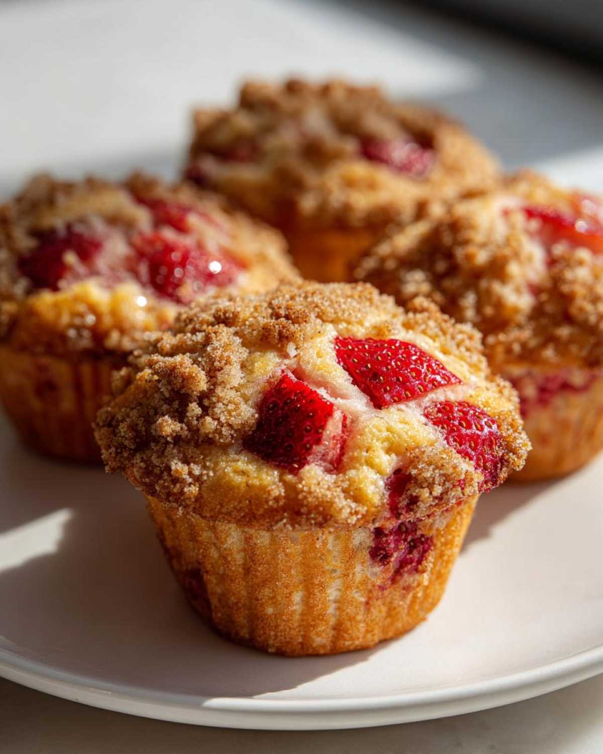 Close-up of delicious strawberry muffins topped with a crunchy brown sugar streusel topping.