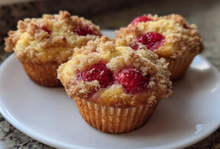 Three delicious strawberry muffins topped with a sugary crumble, resting on a white plate.