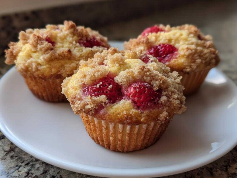 Three delicious strawberry muffins topped with a sugary crumble, resting on a white plate.