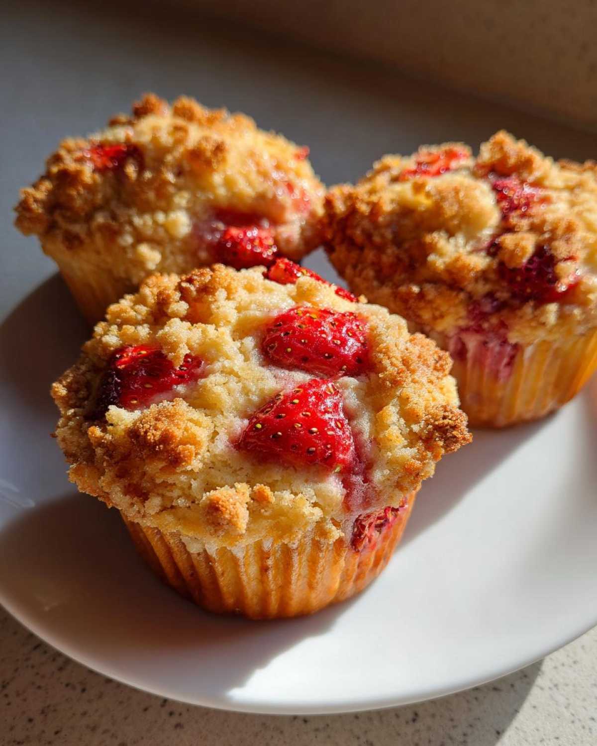 Close-up of three delicious strawberry muffins with a golden crumb topping, sitting on a white plate.