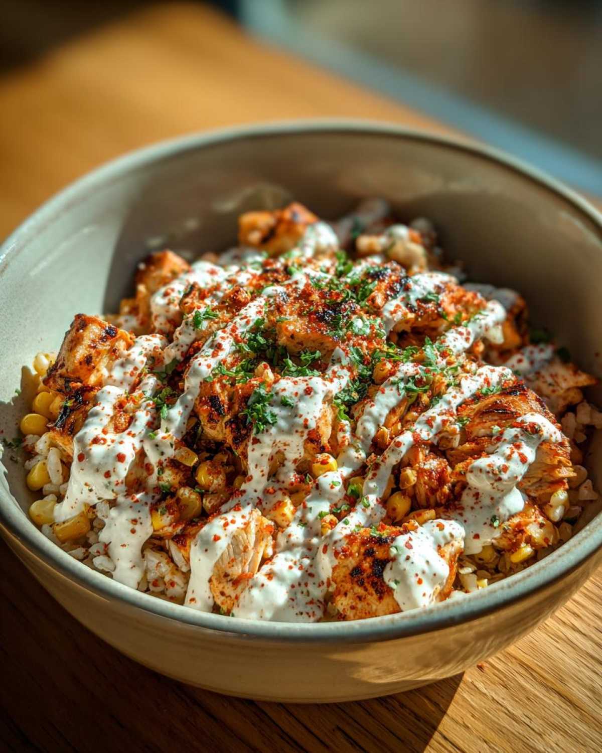 A close-up of a vibrant street corn chicken rice bowl topped with creamy white sauce, chili powder, and fresh parsley.