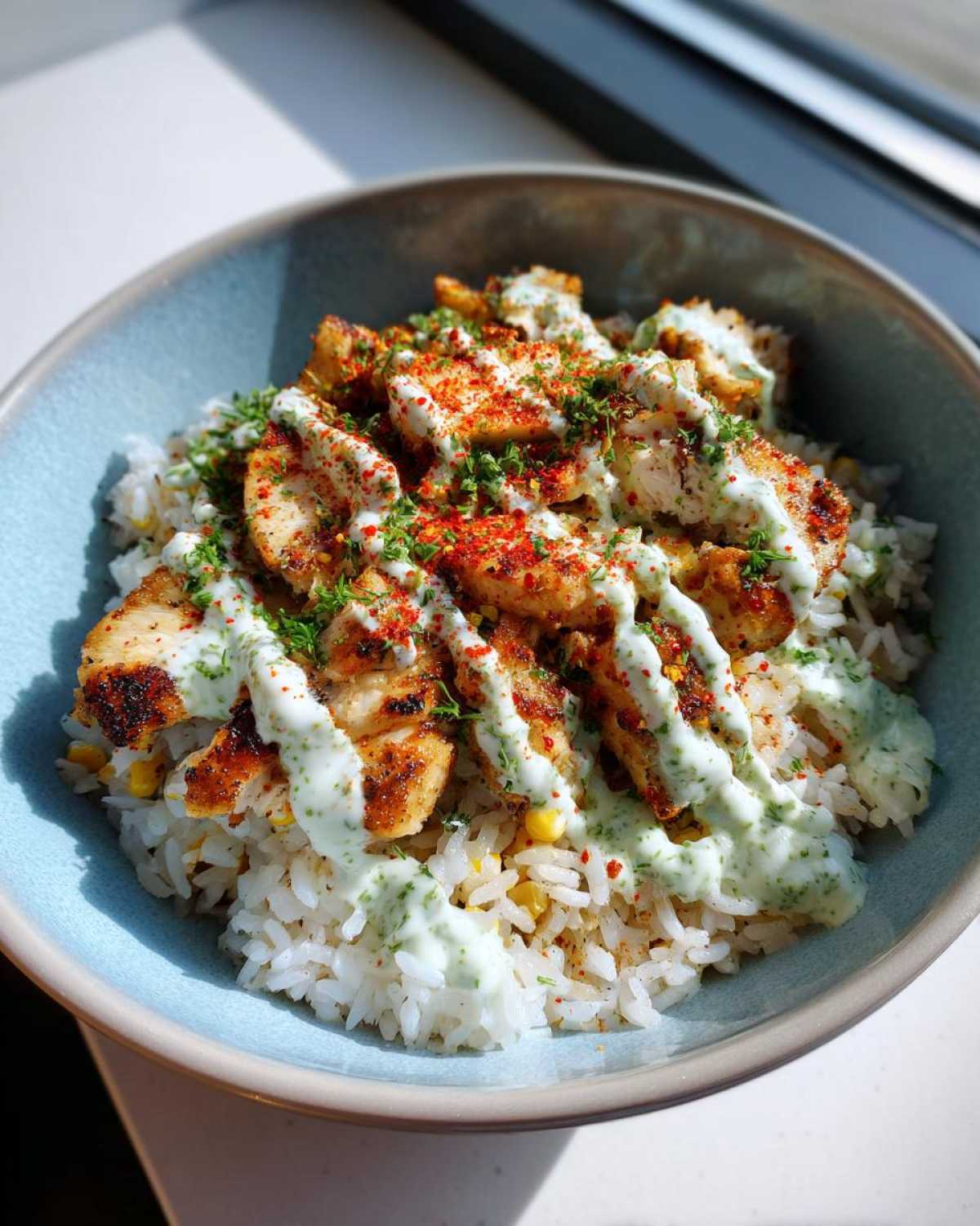 A close-up of a street corn chicken rice bowl topped with creamy green sauce, paprika, and herbs.