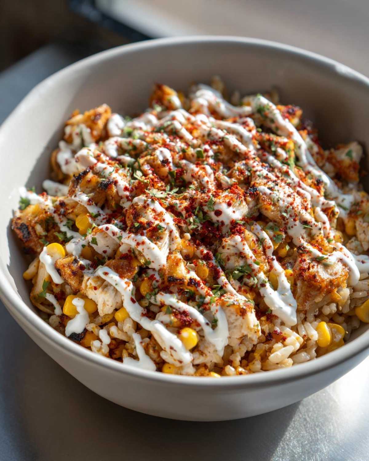 Close-up of a vibrant street corn chicken rice bowl topped with creamy sauce, chili powder, and herbs.