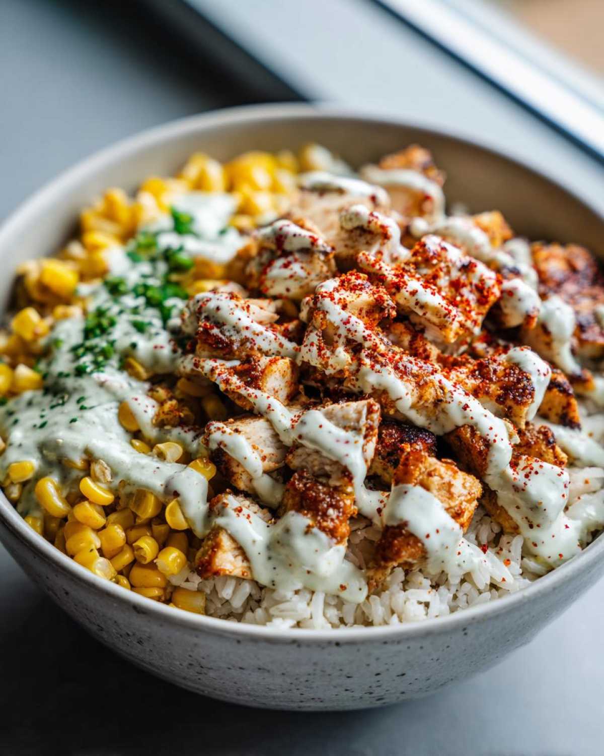 A close-up of a street corn chicken rice bowl featuring seasoned chicken, white rice, corn, and a drizzle of creamy green sauce.