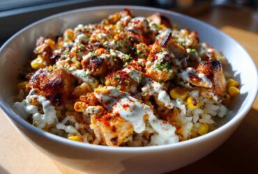 A close-up of a vibrant street corn chicken rice bowl topped with creamy sauce and paprika.