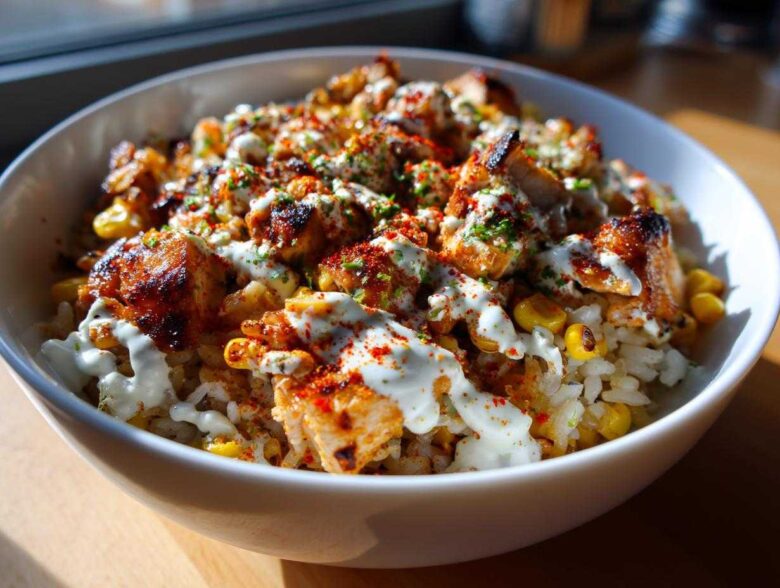 A close-up of a vibrant street corn chicken rice bowl topped with creamy sauce and paprika.