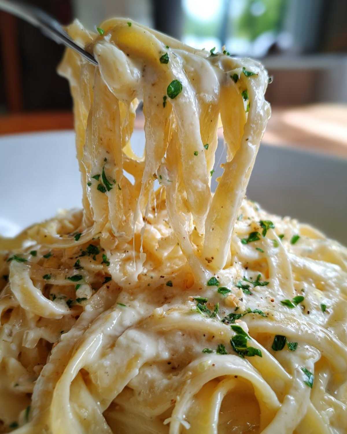 Close-up of fettuccine pasta being lifted by a fork, coated thickly in creamy homemade alfredo sauce and sprinkled with parsley.