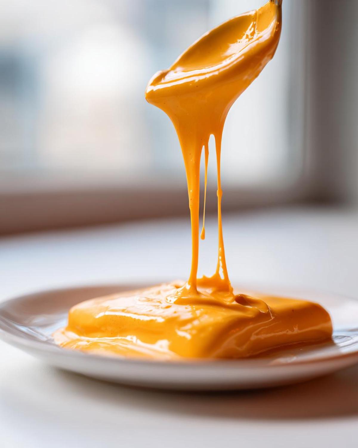 A spoonful of bright orange, creamy nacho cheese sauce dripping onto a white plate.