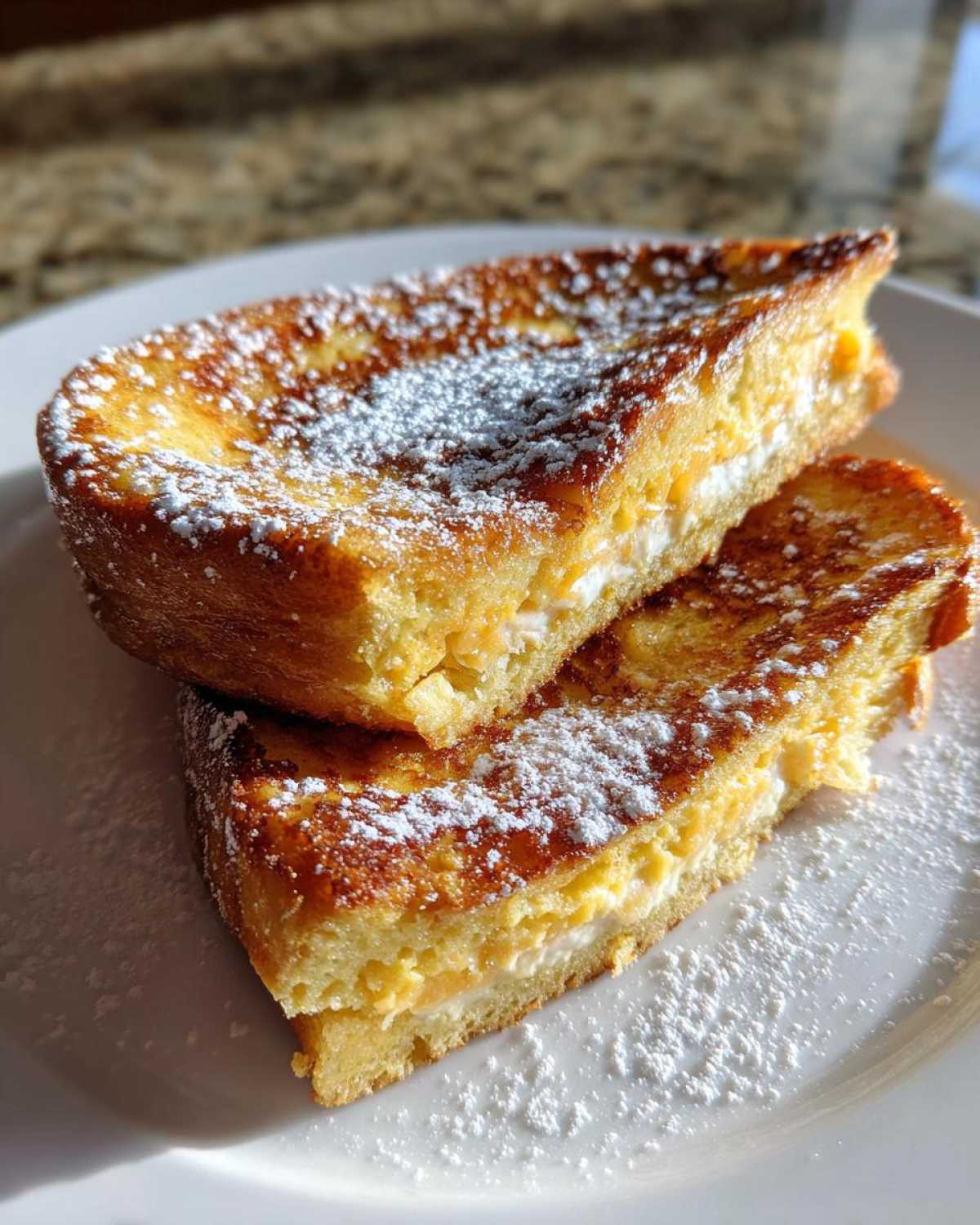 Two halves of stuffed easy french toast, filled with cream cheese and fruit, dusted heavily with powdered sugar.