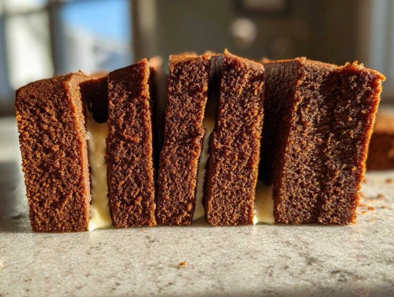 Close-up of thick, dark brown gingerbread house recipe slices layered with white icing.