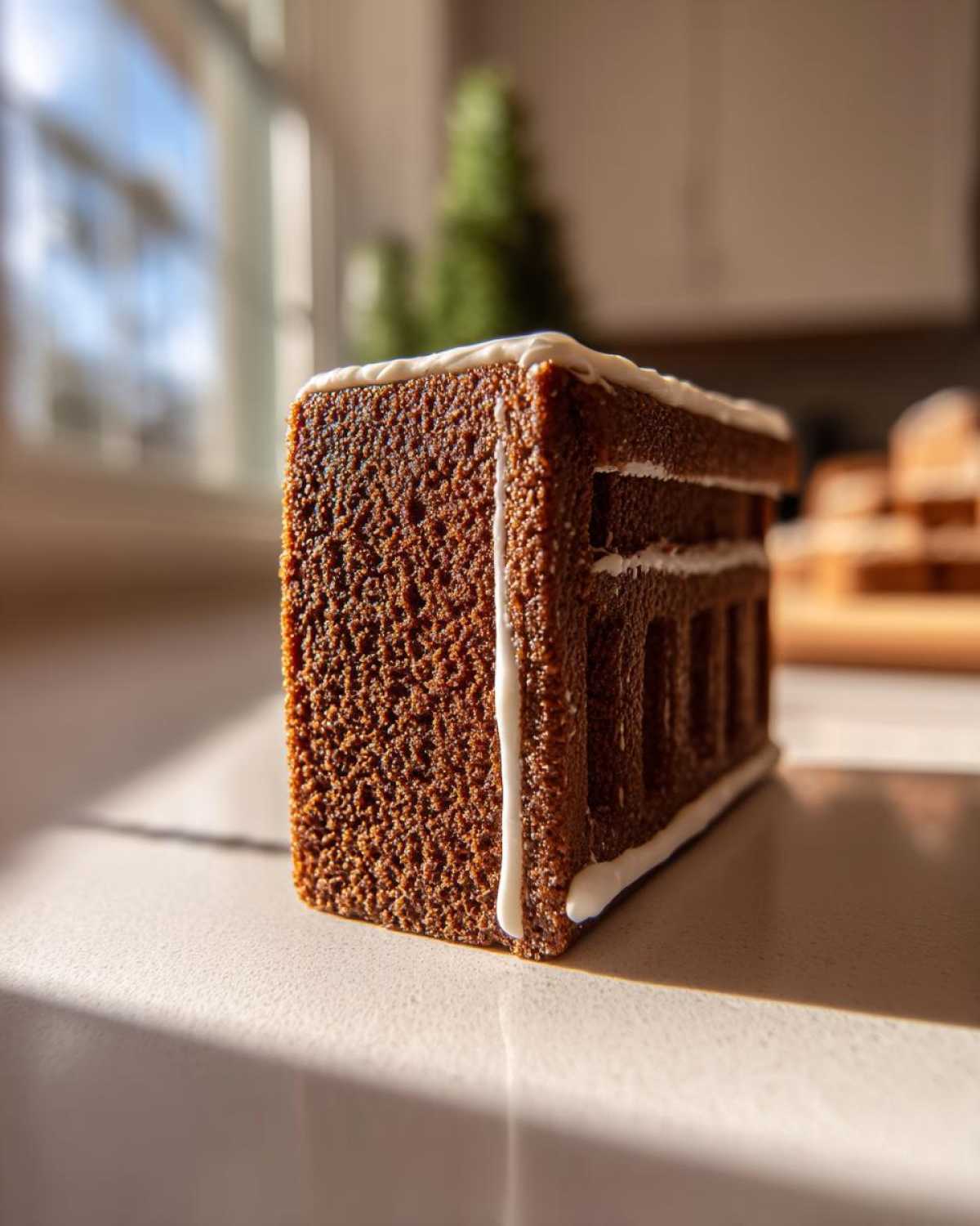 Close-up of a thick, sturdy gingerbread house recipe wall piece decorated with white royal icing.