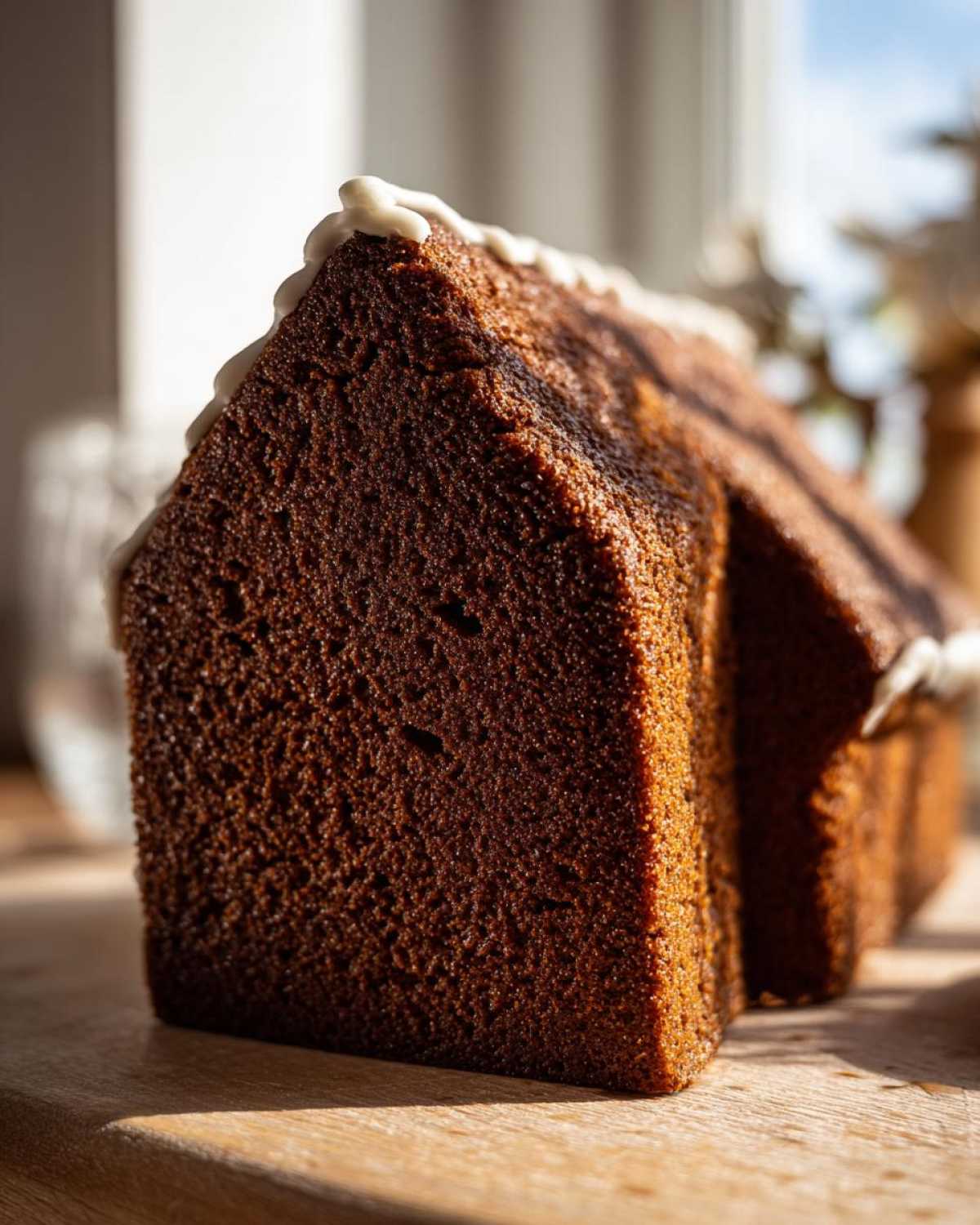 Close-up of a dark, sturdy piece of gingerbread cake, shaped like a house wall, edged with white royal icing.