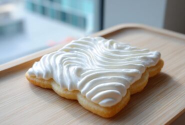A close-up of a sugar cookie topped with thick, white piped icing using a star tip, showcasing the texture of the sugar cookie icing recipe.