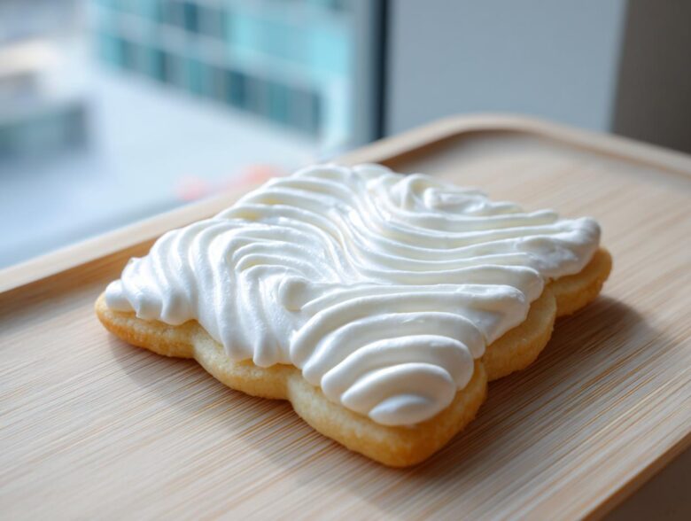 A close-up of a sugar cookie topped with thick, white piped icing using a star tip, showcasing the texture of the sugar cookie icing recipe.