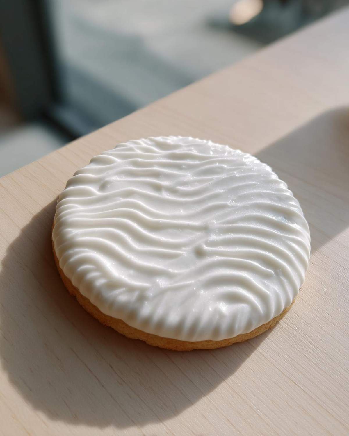Close-up of a round sugar cookie topped with thick, white sugar cookie icing featuring a wavy texture.