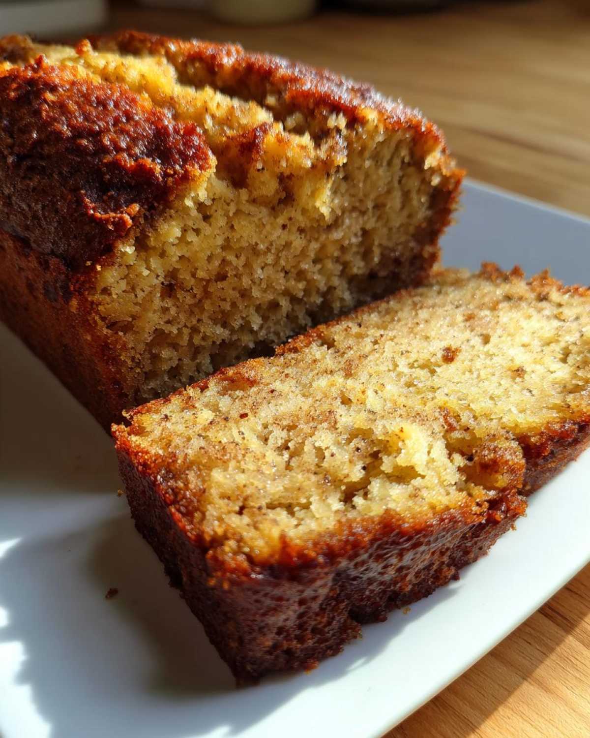 Close-up of a moist slice cut from a sugar free banana bread loaf, showing the golden crumb and caramelized crust.