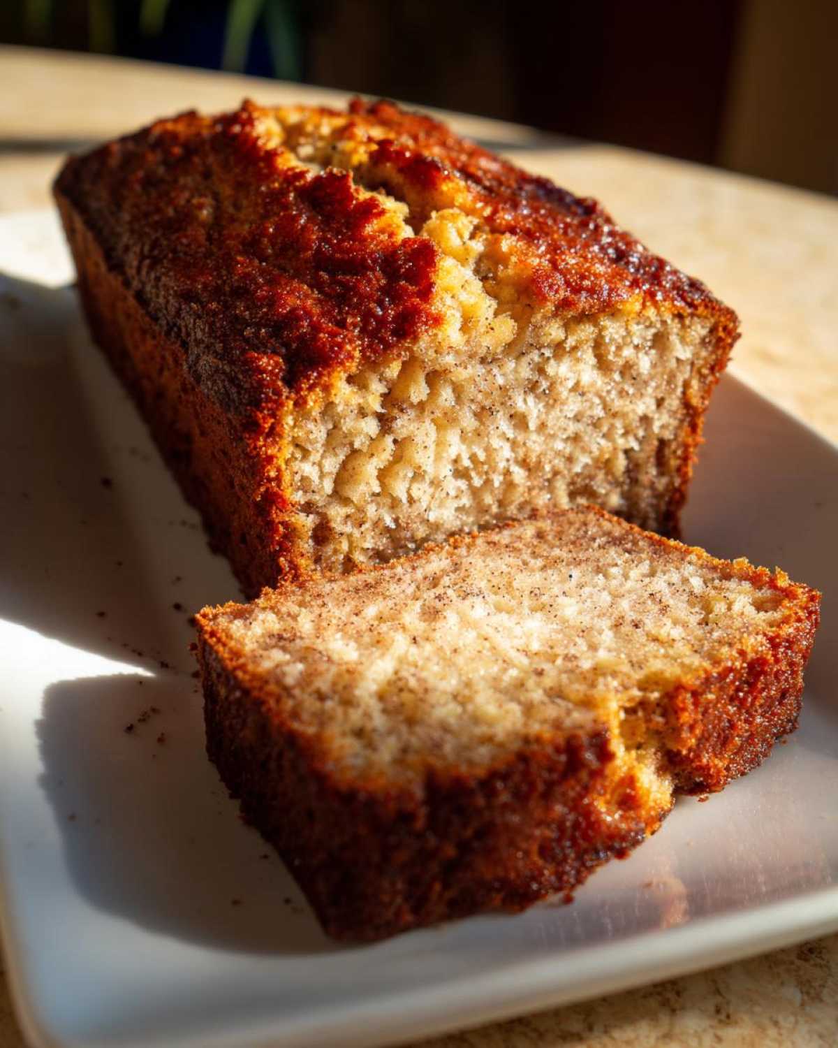 A loaf of sugar free banana bread with one thick slice cut and resting against the main loaf on a white plate.