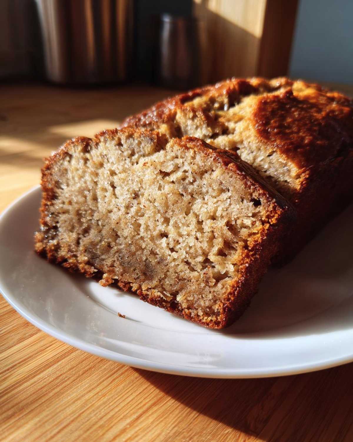 A close-up of a slice of moist sugar free banana bread resting on a white plate.