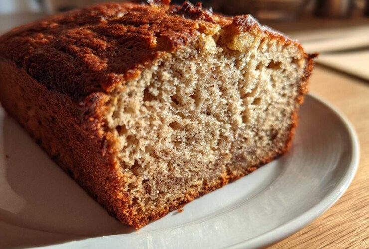 Close-up of a slice of moist sugar free banana bread showing its texture and dark golden crust.