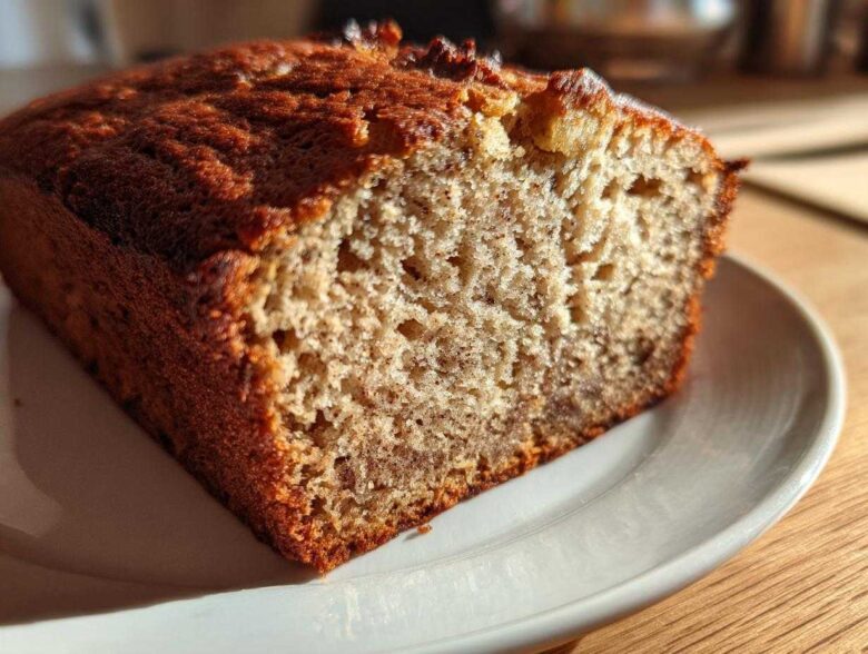 Close-up of a slice of moist sugar free banana bread showing its texture and dark golden crust.