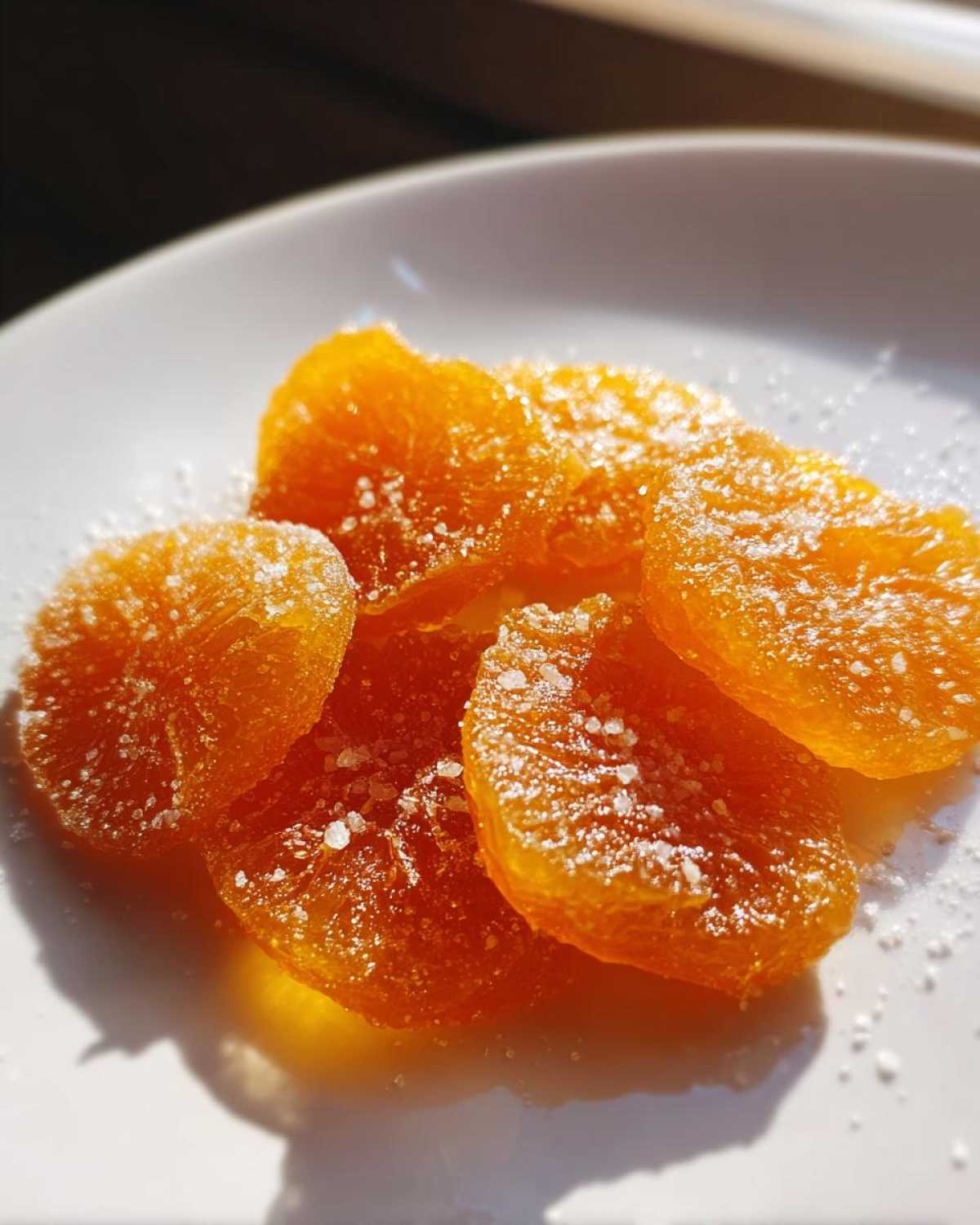Close-up of several bright orange candied orange slices dusted with fine white sugar on a white plate.